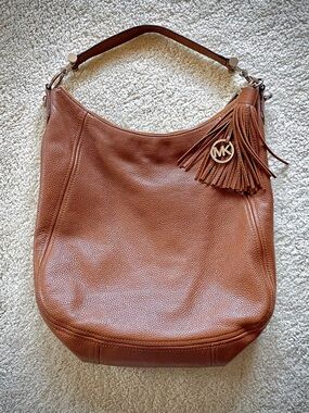 Michael Kors Caramel Pebbled Leather Large Hobo Bag With Tassel